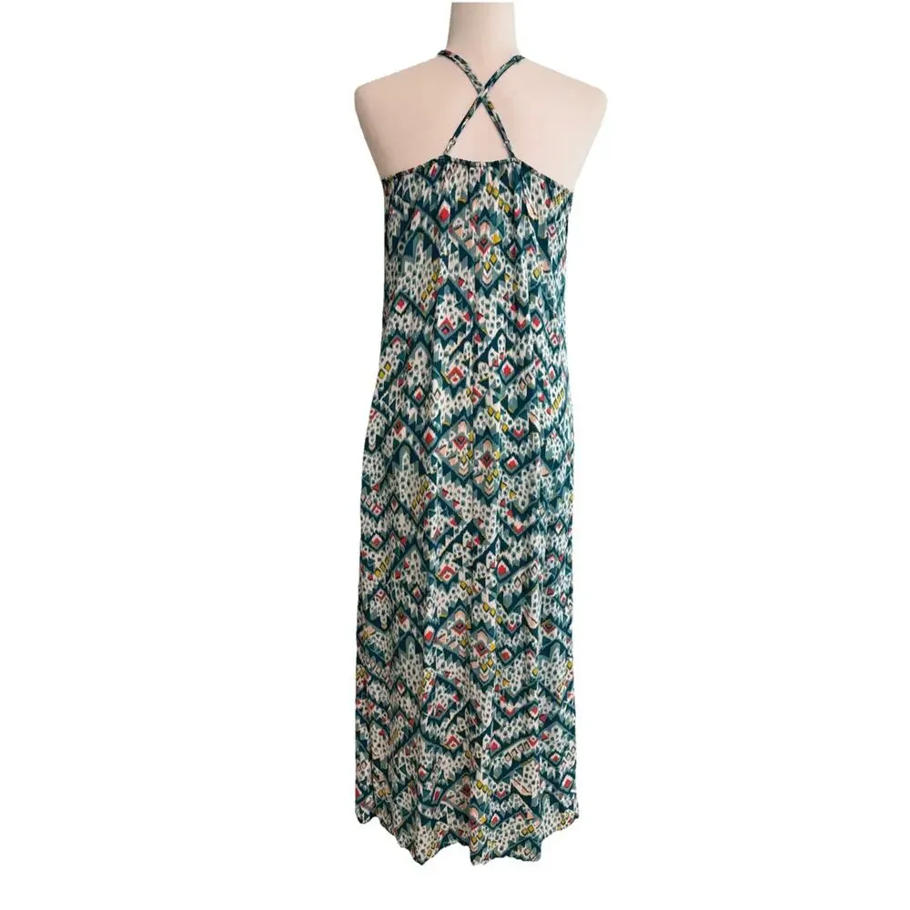 Old Navi V-Neck Maxi Multi Print Dress Womens S Green Abstract Beach Casual